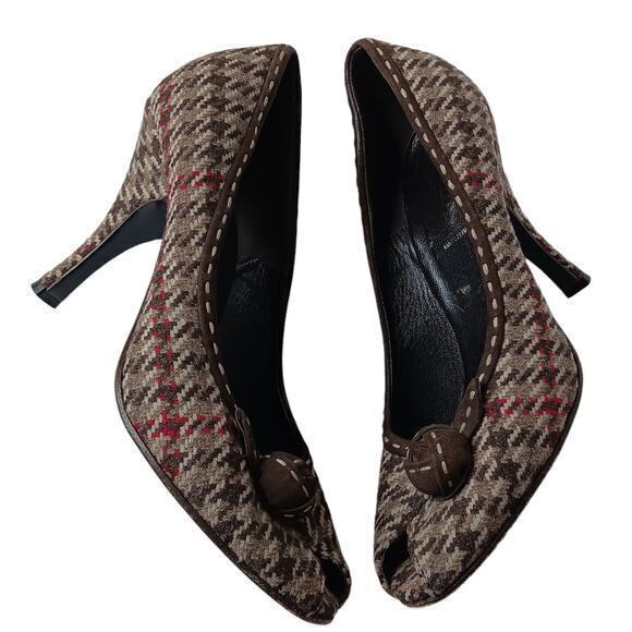 PRADA Houndstooth Fabric Heels Pumps Shoes Size 37.5 Peep Toe Brown Red Wool - Picture 2 of 11